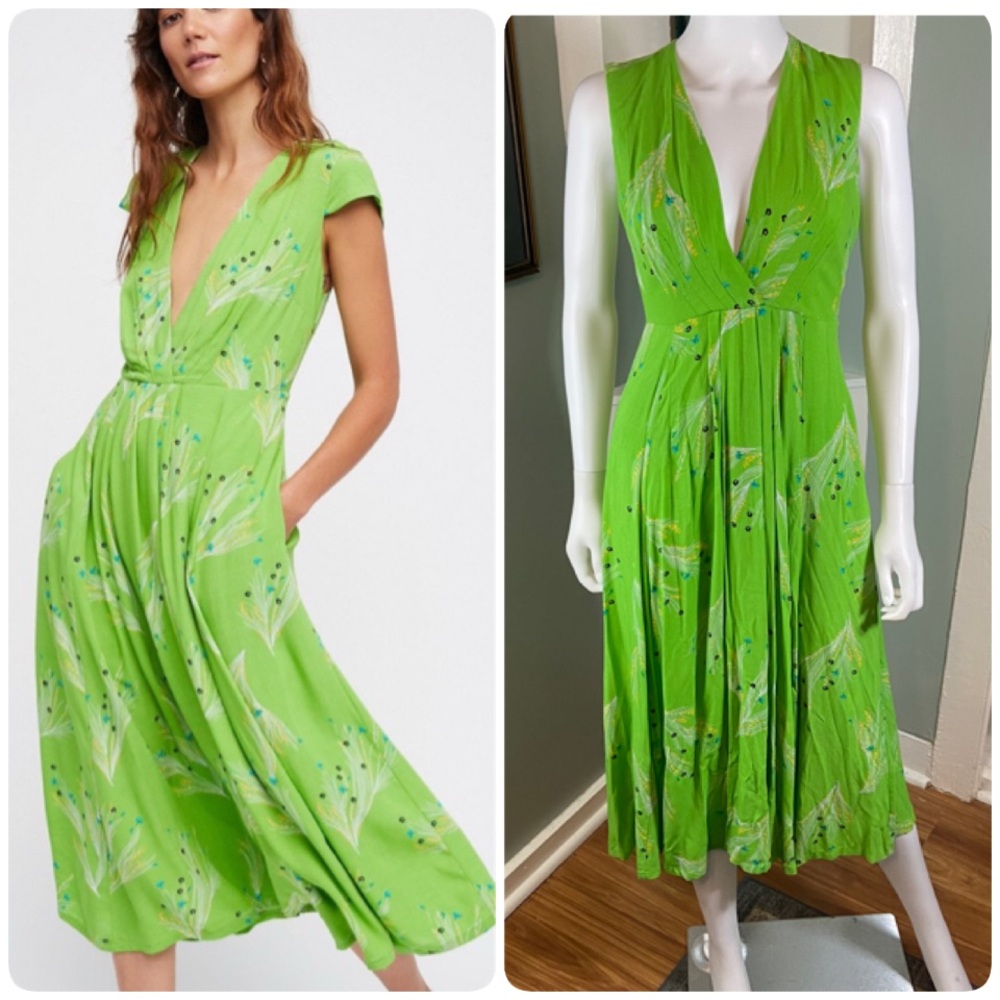 Free People Retro Lime Green Floral Sleeveless Midi Dress Size 0 XSmall XS Rayon